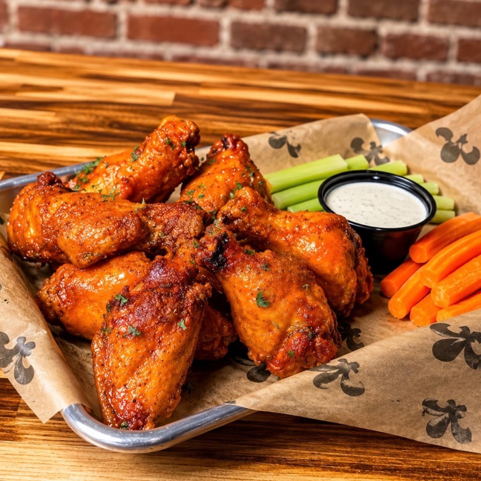 A metal tray of crispy chicken wings with celery, carrots, and ranch dressing on a wooden table.