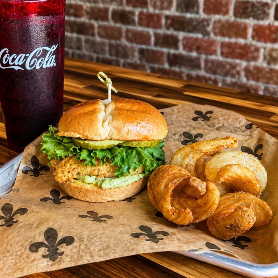 Chicken sandwich with lettuce, pickles, and green sauce, curly fries, and a Coca-Cola on a tray.