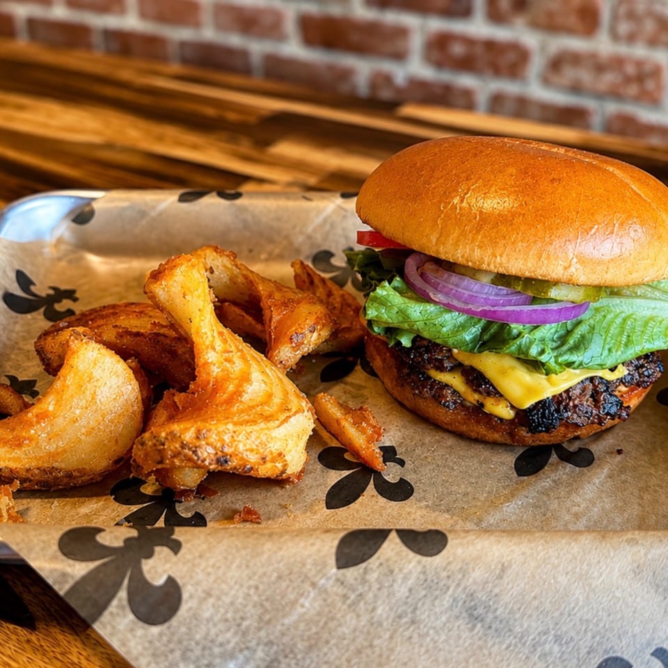 Cheeseburger with lettuce, tomato, onion, and pickles, served with potato wedges on a tray.