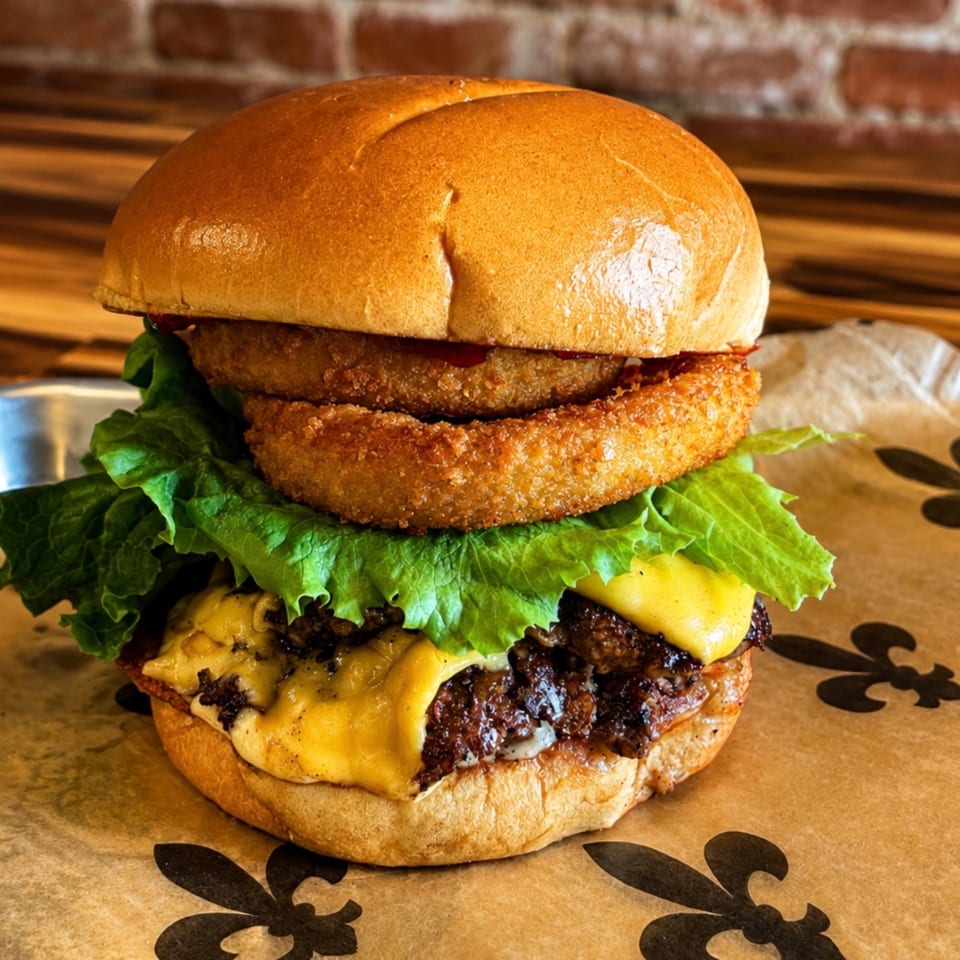 A close-up of a burger with melted cheese, lettuce, and two onion rings on a bun.