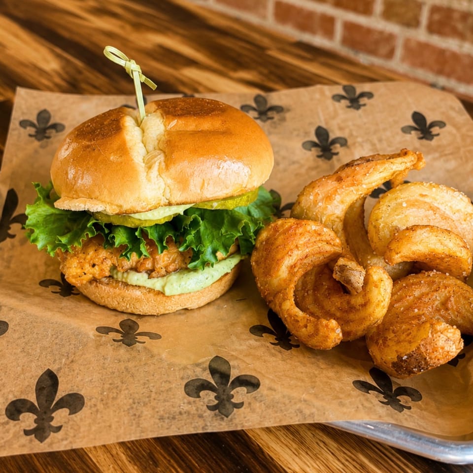 Crispy chicken sandwich with lettuce, pickles, and green sauce, served with curly fries on branded paper.