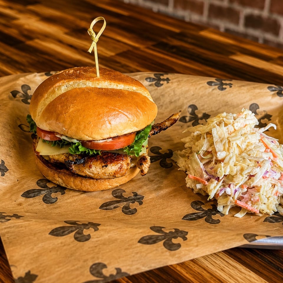Grilled chicken sandwich with lettuce, tomato, and cheese, served with coleslaw on fleur-de-lis paper.